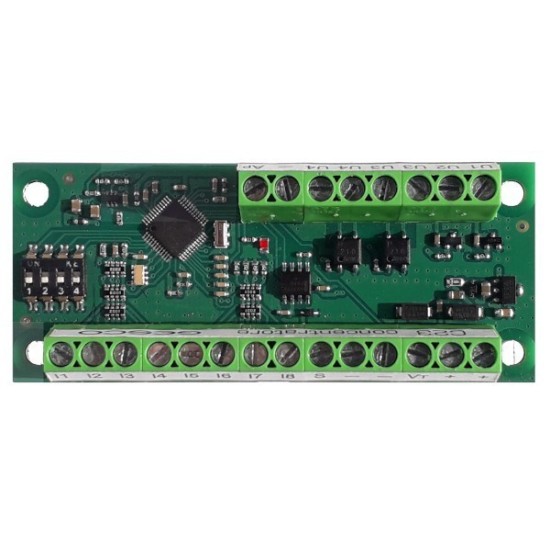 Espansione seriale Gesco a 8 ingressi (4 veloci) e 4 uscite (2 relè) con controllo alimentazione e autoprotezione