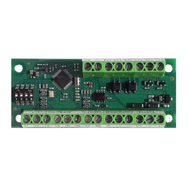 Espansione seriale Gesco a 8 ingressi (4 veloci) e 4 uscite (2 relè) con controllo alimentazione e autoprotezione