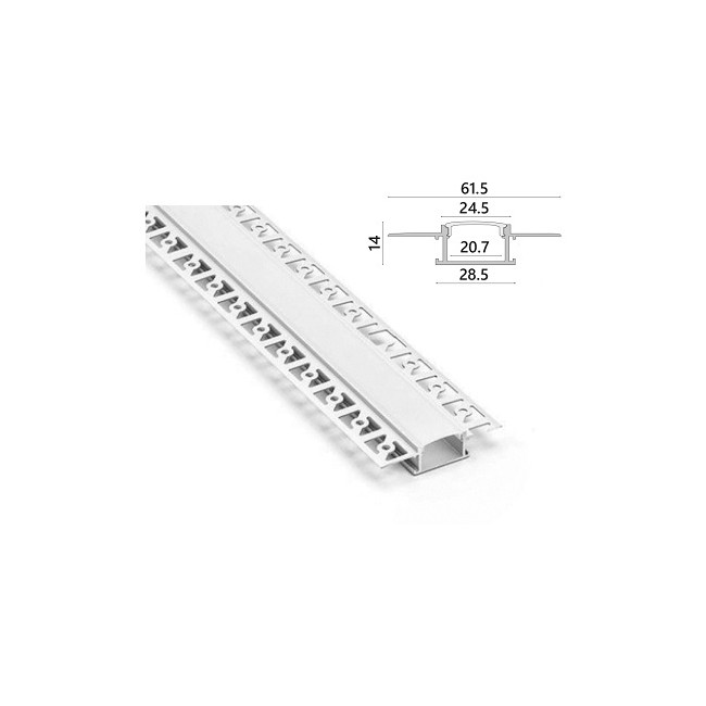 Profilo alluminio ad incasso per cartongesso con copertura opaca - Dimensione 61,5x14x2000 mm