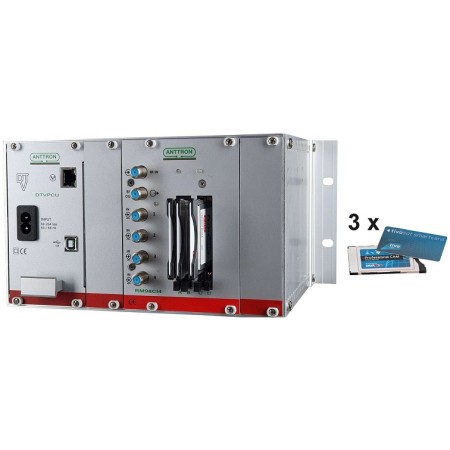 Centralina modulare per la transmodulazione di 8 transponder SAT in 8 MUX DVB-T comprende 3 CAM TVSAT PRO