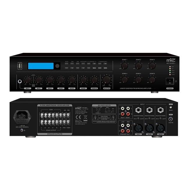 Amplificatore PA da 120W a 6 zone con USB/BT/FM-DAB+, mod. MK1206D+
