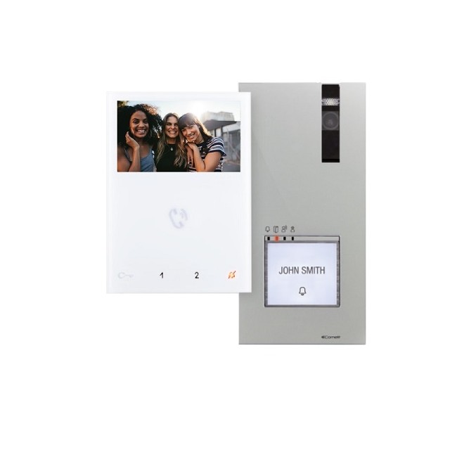 Kit videocitofonico 2 fili Simplebus 2 composto da: n° 1 posto esterno, n°1 alimentatore, n°1 monitor a colori vivavoce Comelit