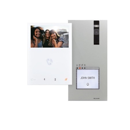 Kit videocitofonico 2 fili Simplebus 2 composto da: n° 1 posto esterno, n°1 alimentatore, n°1 monitor a colori vivavoce Comelit