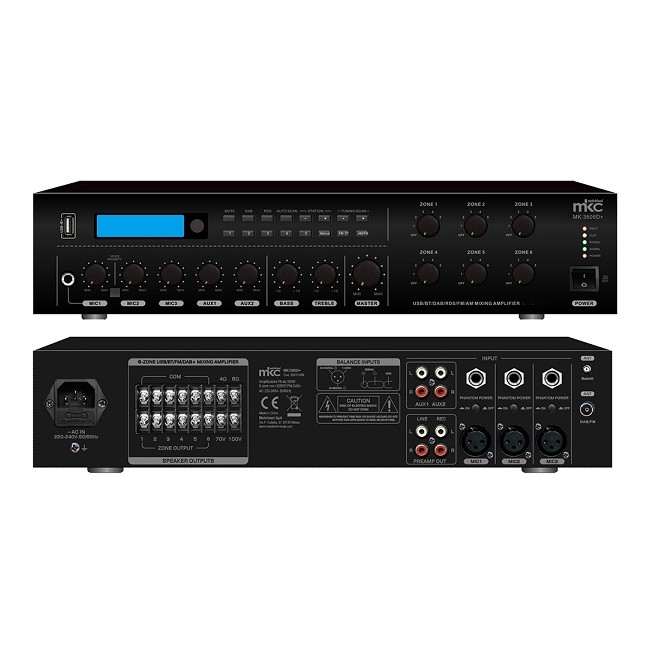 Amplificatore PA da 350W a 6 zone con USB/BT/FM-DAB+, mod. MK3506D+