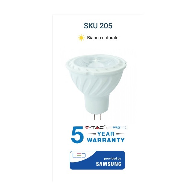 Faretto LED 6,5W Chip Samsung MR16 4000K luce naturale 12V 110° apertura