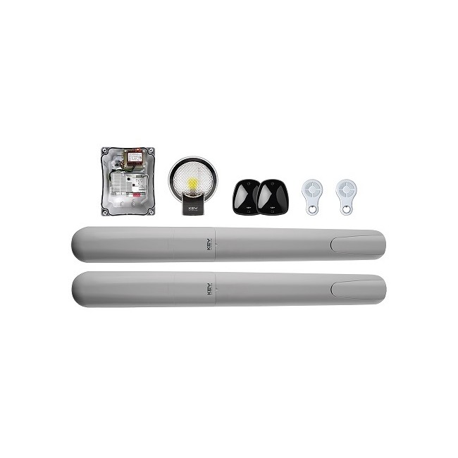 Kit per l’automazione di cancelli a battente con ante fino a 3 m, motori 24 Vdc, centrale di comando con rallentamenti e fineco