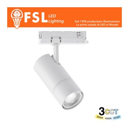 Proiettore a Binario Trifase BIANCO con potenza selezionabile 25/30/35W e zoomabile - 3CCT - EUROTRACK
