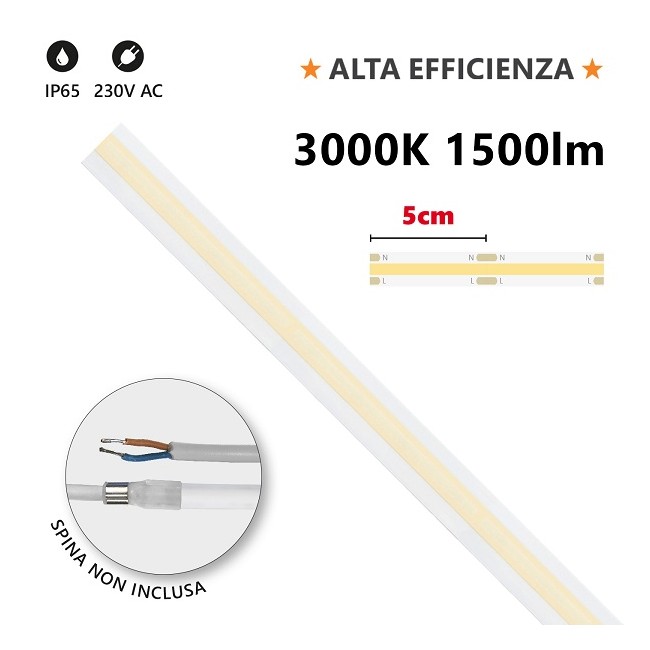 Striscia LEDCOB HEM IP65 MILKY 20m 3000K 230V 15W/m 1500lm/m