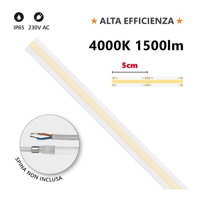 Striscia LEDCOB HEM IP65 MILKY 20m 4000K 230V 15W/m 1500lm/m