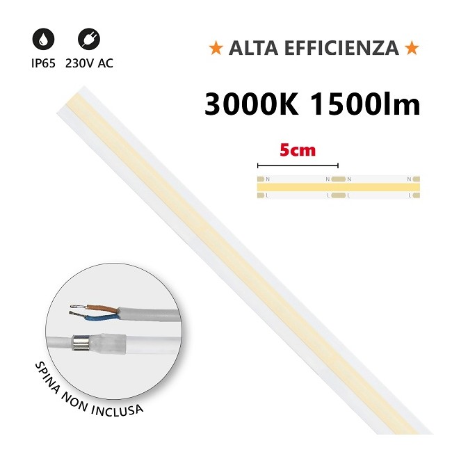 Striscia LEDCOB HEM IP65 MILKY 5m 3000K 230V 15W/m 1500lm/m
