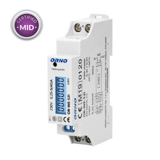 Contatore di energia monofase 40A, certificato MID - Uscita a impulsi, illuminato, 1 modulo, DIN TH-35mm